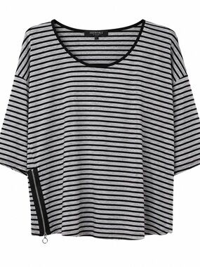 Essentials by Milano Striped Side Zipper Top Blouse L Gray Black 3/4 Sleeve